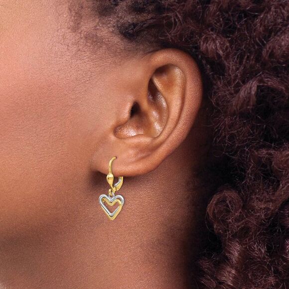 Two Tone Double Heart Lever Back Earrings in 14k Gold - Picture 3 of 5